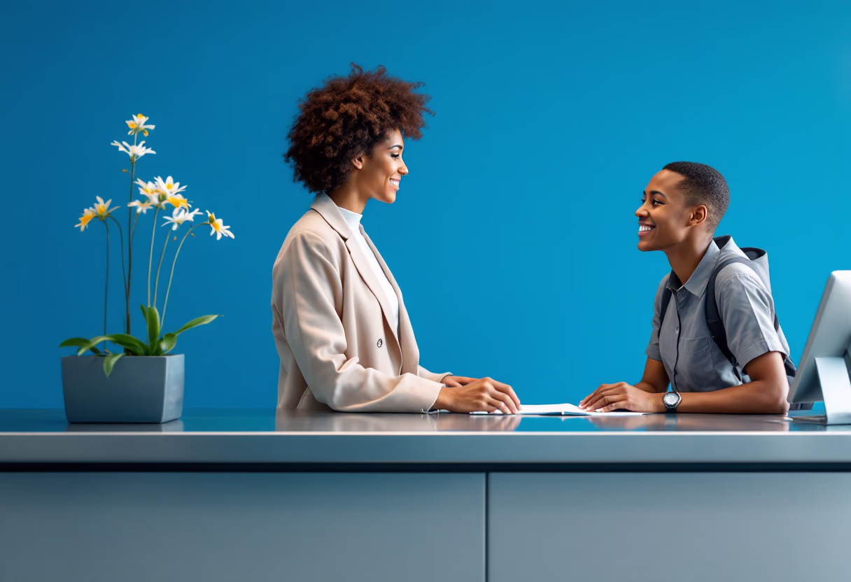 image of a person asking a question at an information counter (for a mobility and transportation)